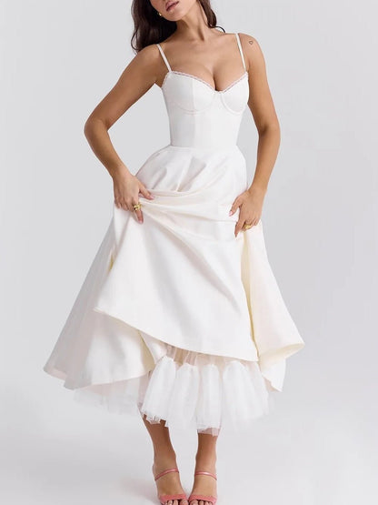 Sweetheart Lace Trim Spaghetti Strap Pleated Fit and Flare Midi Dress