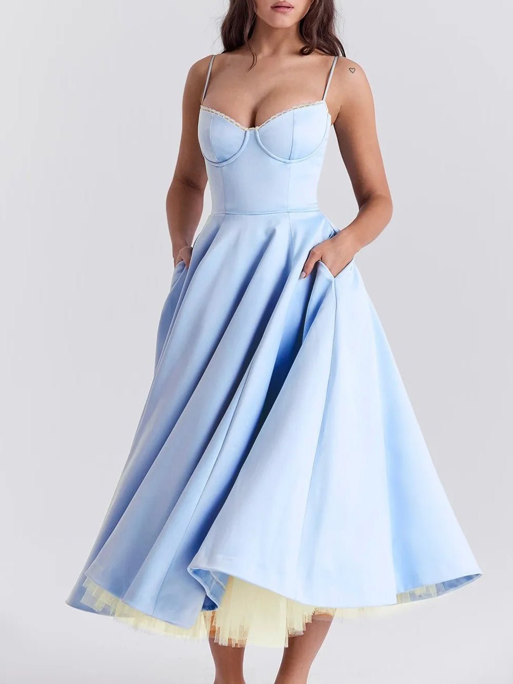 Sweetheart Lace Trim Spaghetti Strap Pleated Fit and Flare Midi Dress