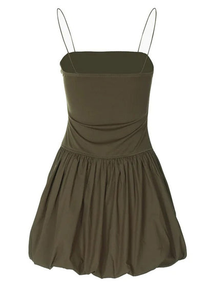 Green Square Neck Spaghetti Strap Drop Waist Bubble Hem Mini Dress