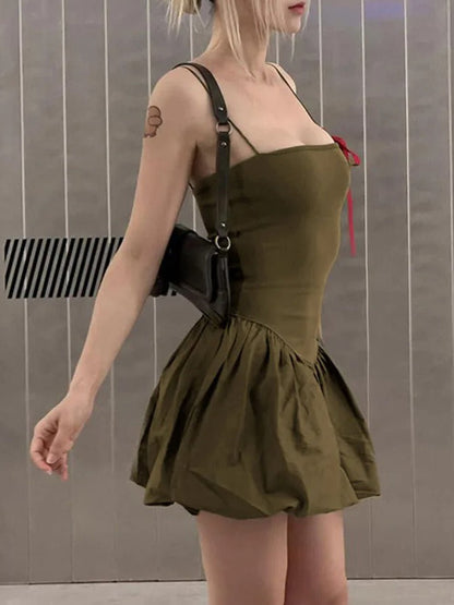Green Square Neck Spaghetti Strap Drop Waist Bubble Hem Mini Dress