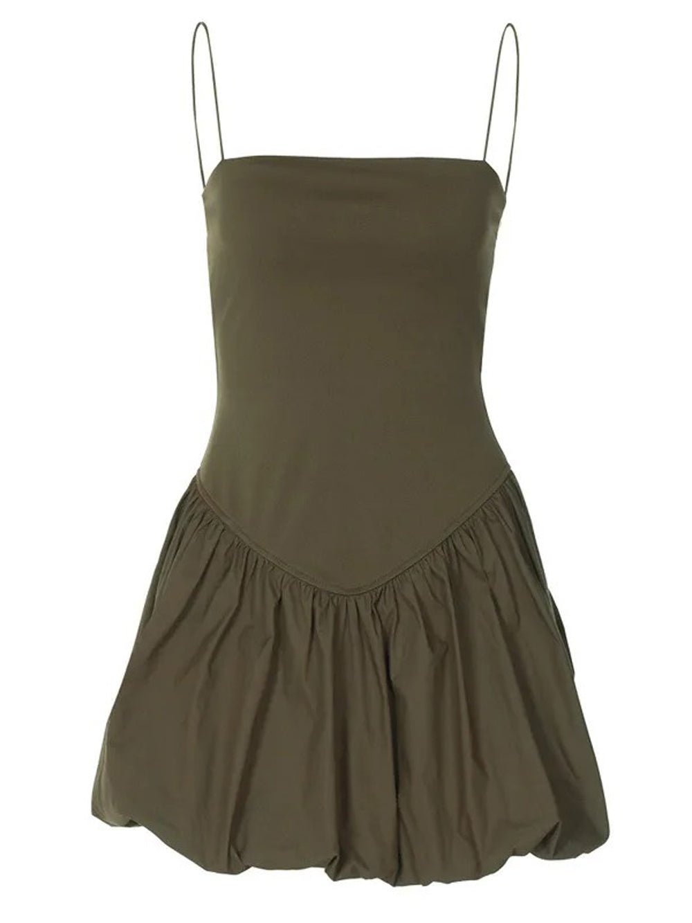 Green Square Neck Spaghetti Strap Drop Waist Bubble Hem Mini Dress