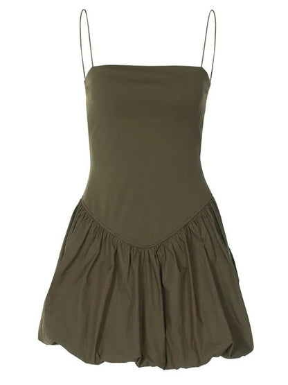Green Square Neck Spaghetti Strap Drop Waist Bubble Hem Mini Dress