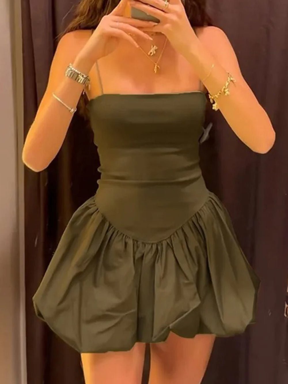 Green Square Neck Spaghetti Strap Drop Waist Bubble Hem Mini Dress