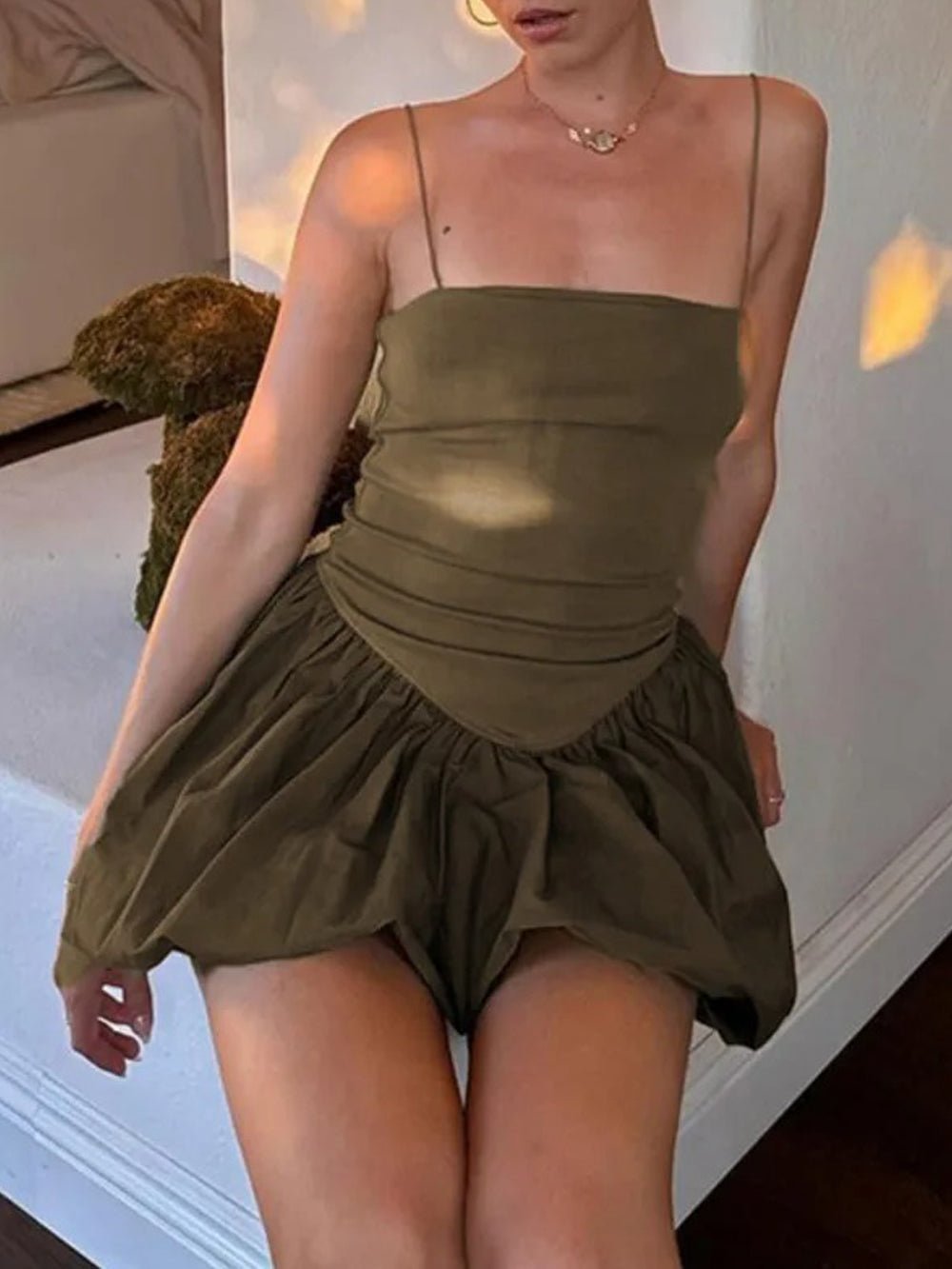 Green Square Neck Spaghetti Strap Drop Waist Bubble Hem Mini Dress