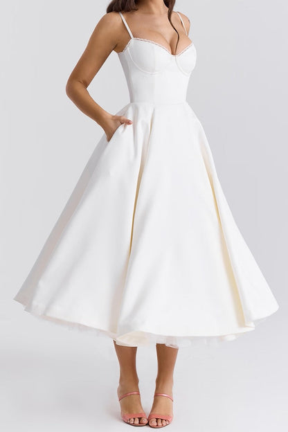 Sweetheart Corset Spaghetti Strap Satin A-Line Tulle Petticoat Midi Dress