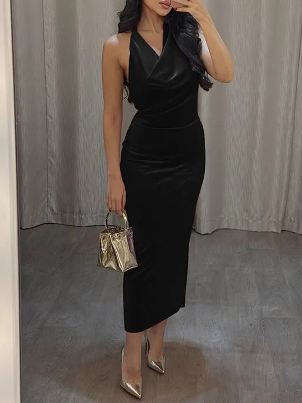 Velvet Halter Cowl Neck Bodycon Midi Dress