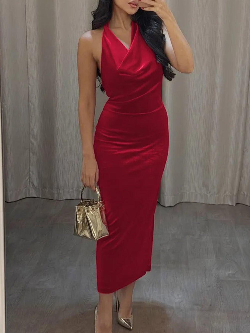 Velvet Halter Cowl Neck Bodycon Midi Dress