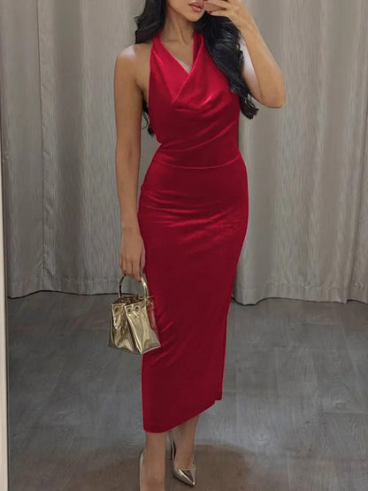 Velvet Halter Cowl Neck Bodycon Midi Dress
