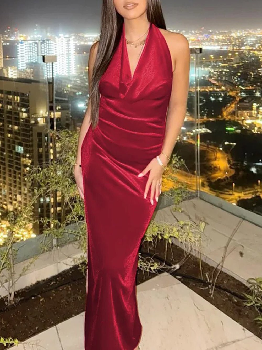 Velvet Halter Cowl Neck Bodycon Midi Dress