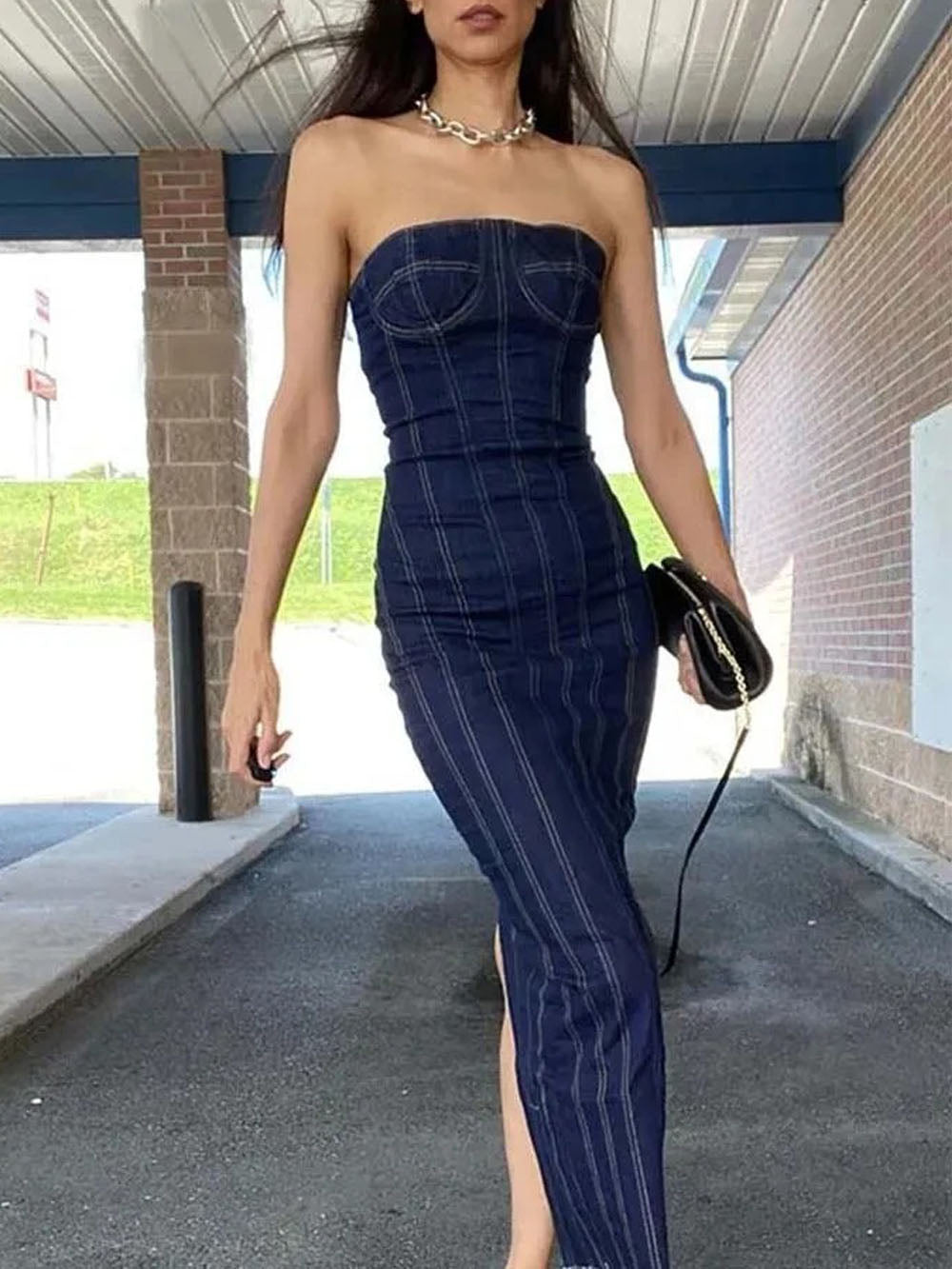 Black Strapless Bustier Contrast Stitch Panel Denim Midi Dress