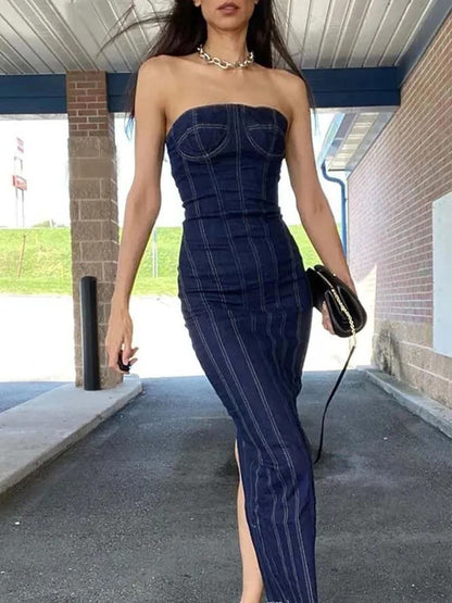 Black Strapless Bustier Contrast Stitch Panel Denim Midi Dress