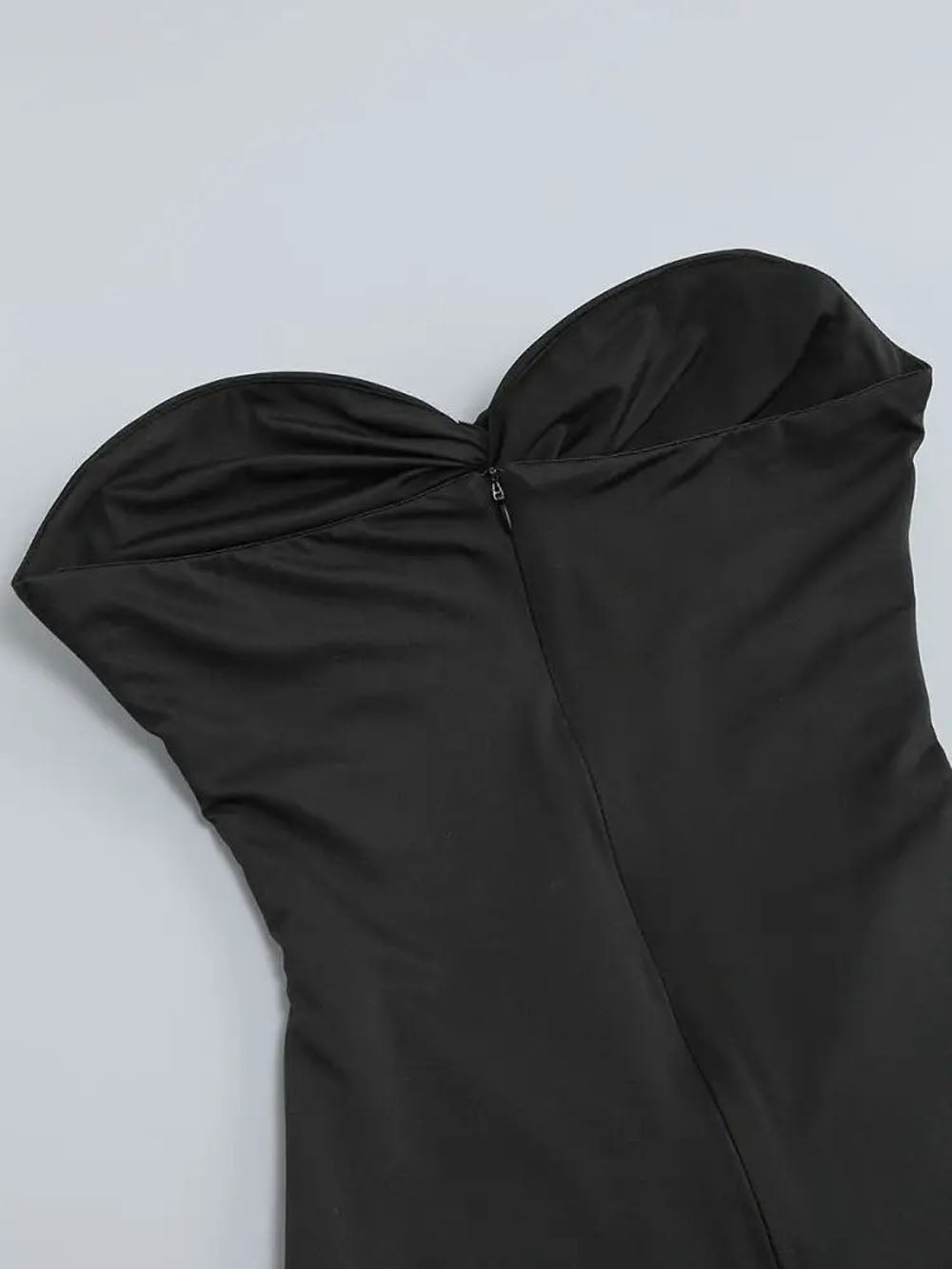 Black Strapless Sweetheart Twist Front Midriff Cut Out Ruched Bodycon Maxi Dress