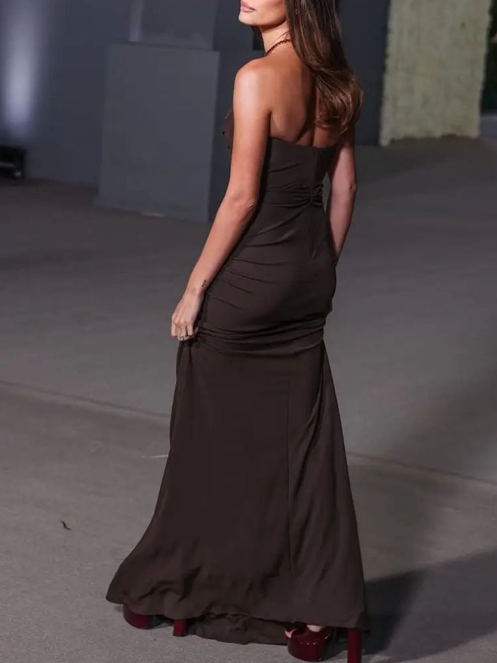 Black Strapless Sweetheart Twist Front Midriff Cut Out Ruched Bodycon Maxi Dress