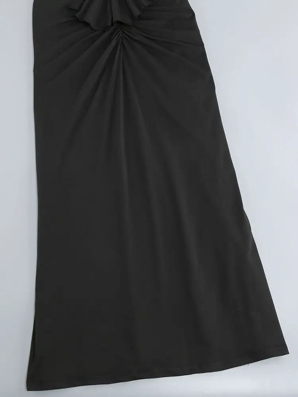Black Strapless Sweetheart Twist Front Midriff Cut Out Ruched Bodycon Maxi Dress