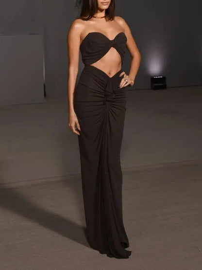 Black Strapless Sweetheart Twist Front Midriff Cut Out Ruched Bodycon Maxi Dress