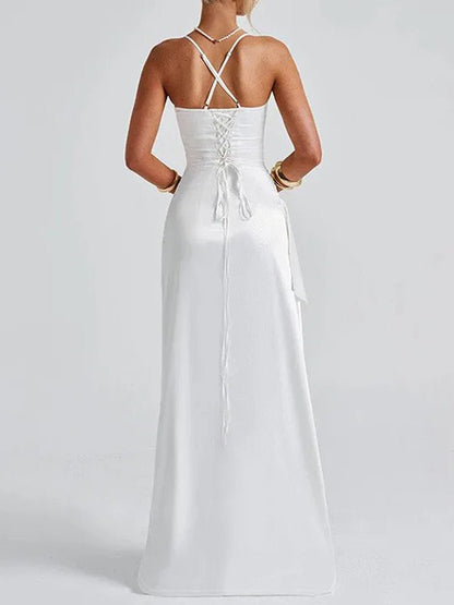 Satin Spaghetti Strap Sweetheart Ruched High Split Bodycon Maxi Dress