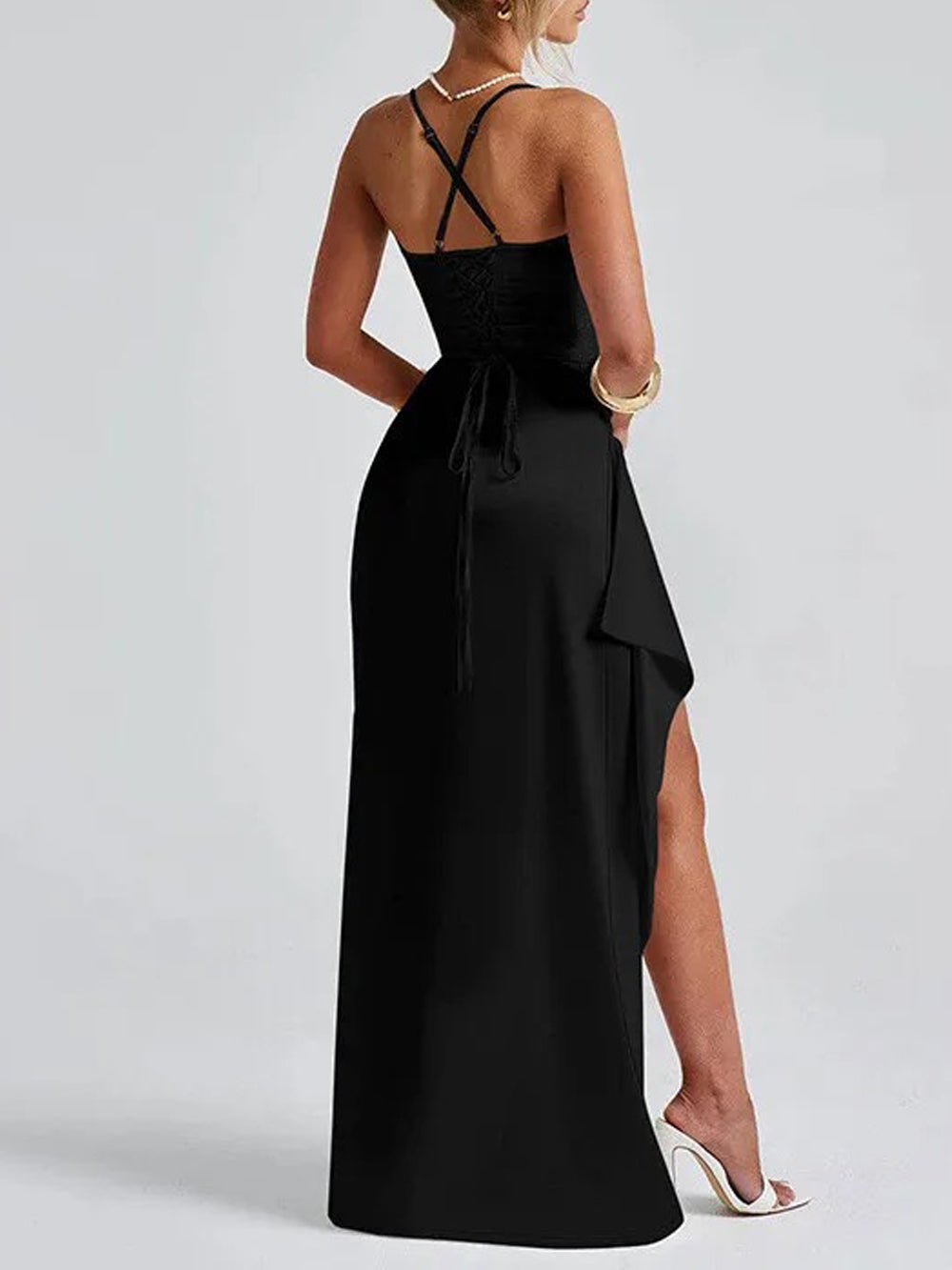Satin Spaghetti Strap Sweetheart Ruched High Split Bodycon Maxi Dress