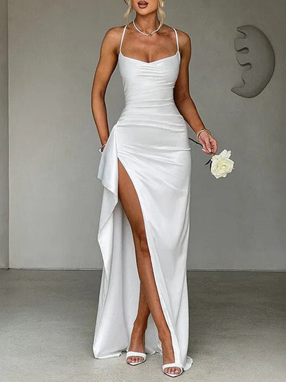 Satin Spaghetti Strap Sweetheart Ruched High Split Bodycon Maxi Dress