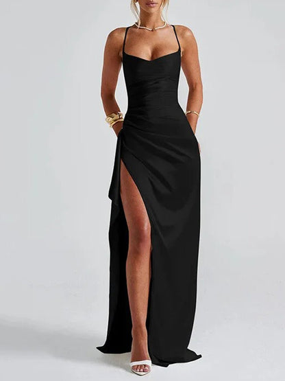 Satin Spaghetti Strap Sweetheart Ruched High Split Bodycon Maxi Dress