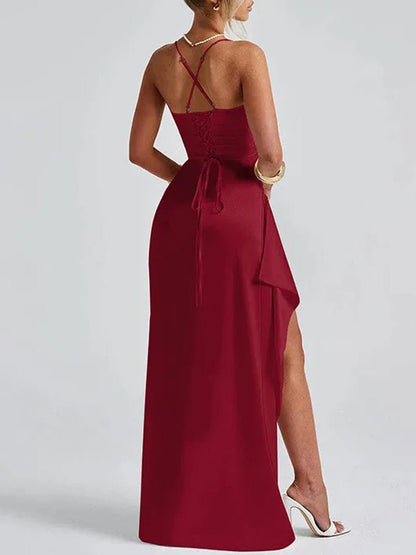 Satin Spaghetti Strap Sweetheart Ruched High Split Bodycon Maxi Dress