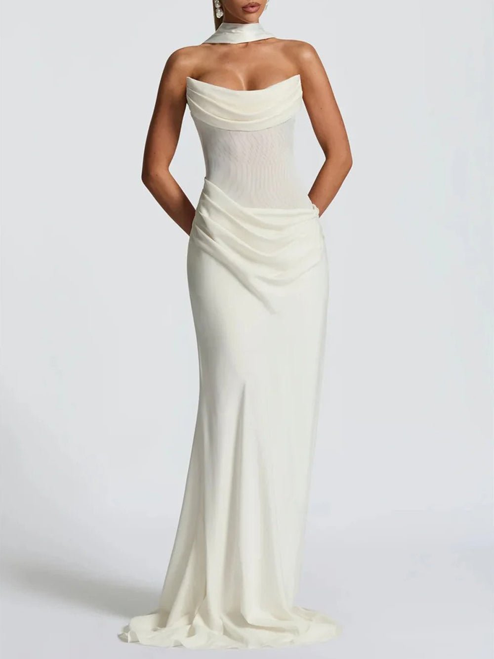 White Strapless Cowl Neck Asymmetric Ruched Waist Column Maxi Gown