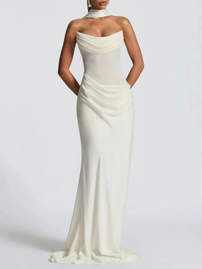 White Strapless Cowl Neck Asymmetric Ruched Waist Column Maxi Gown