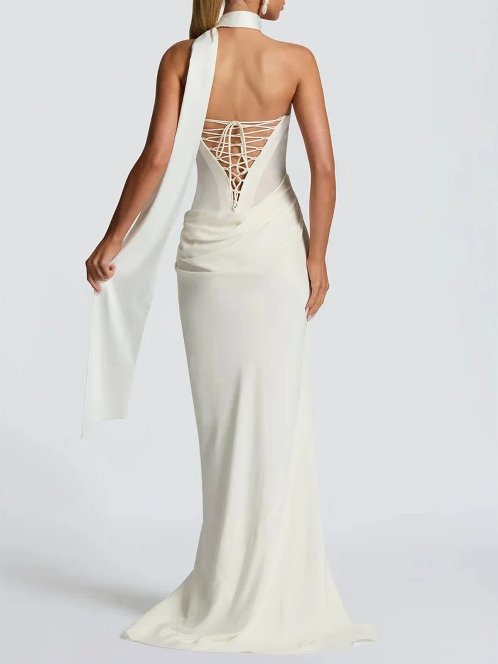 White Strapless Cowl Neck Asymmetric Ruched Waist Column Maxi Gown