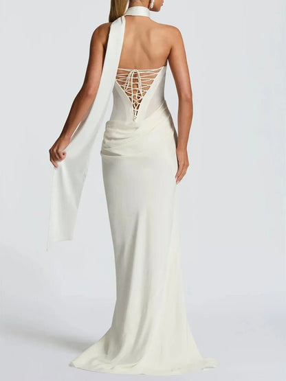White Strapless Cowl Neck Asymmetric Ruched Waist Column Maxi Gown