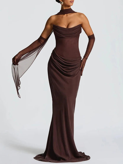 Brown Strapless Cowl Neck Asymmetric Ruched Waist Column Maxi Gown