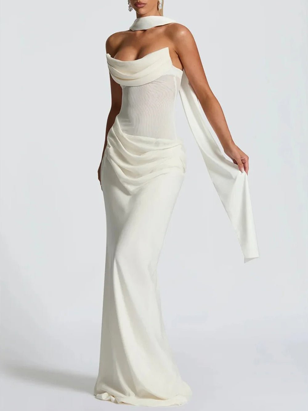 White Strapless Cowl Neck Asymmetric Ruched Waist Column Maxi Gown