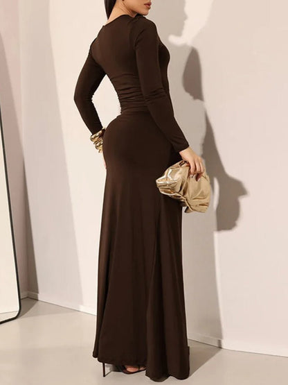 Long Sleeve Crew Neck Cut Out Pearl Detail High Split Maxi Dress
