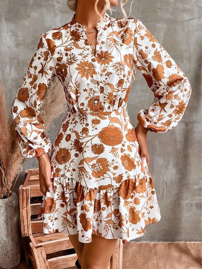 Multi Floral Print Stand Collar Button Front Bishop Sleeve Ruffle Hem Mini Dress