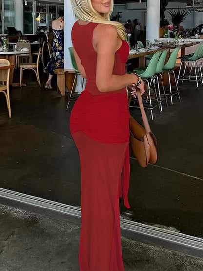 Sleeveless Mesh Yoke Twist Bust Hip Sash Tie Bodycon Maxi Dress