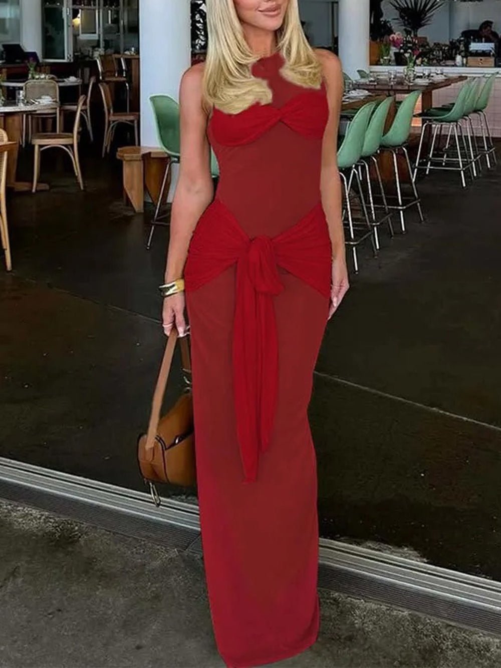Sleeveless Mesh Yoke Twist Bust Hip Sash Tie Bodycon Maxi Dress