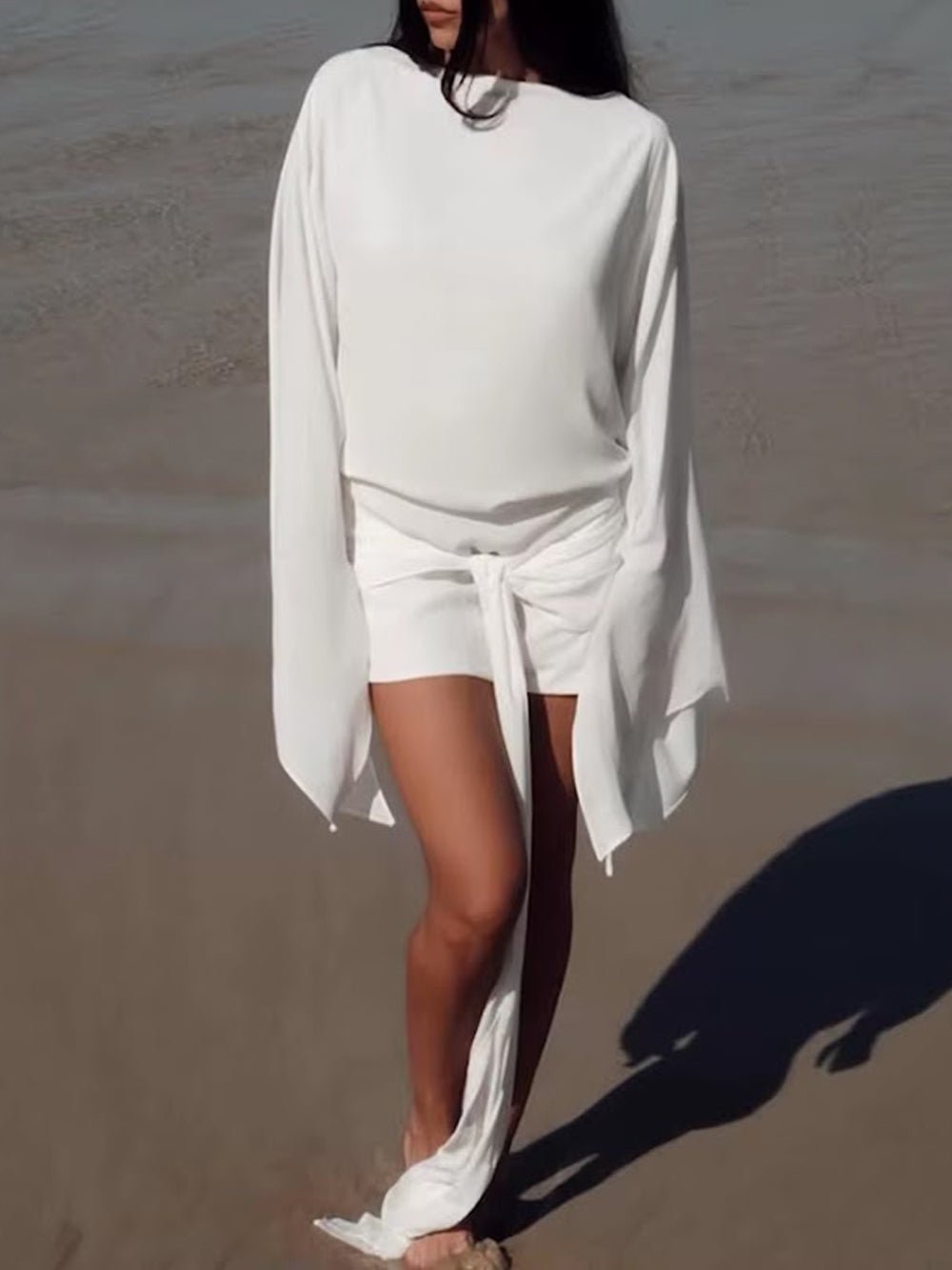 White Chiffon Deep V-Neck Cowl Neck Long Sleeve Bell Cuff Open Back Ruched Draped Asymmetric Sash Bodycon Mini Dress