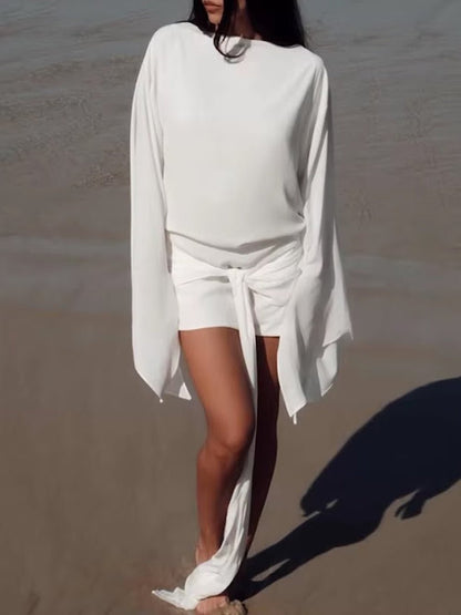 White Chiffon Deep V-Neck Cowl Neck Long Sleeve Bell Cuff Open Back Ruched Draped Asymmetric Sash Bodycon Mini Dress