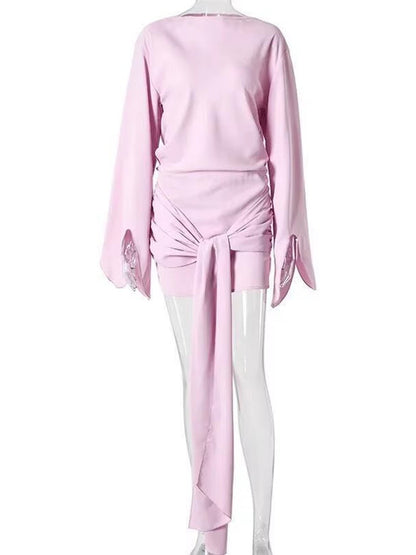 Pink Boat Neck Long Sleeve Flared Slit Cuff Knot Front Draped Sash Open Back Bodycon Mini Dress