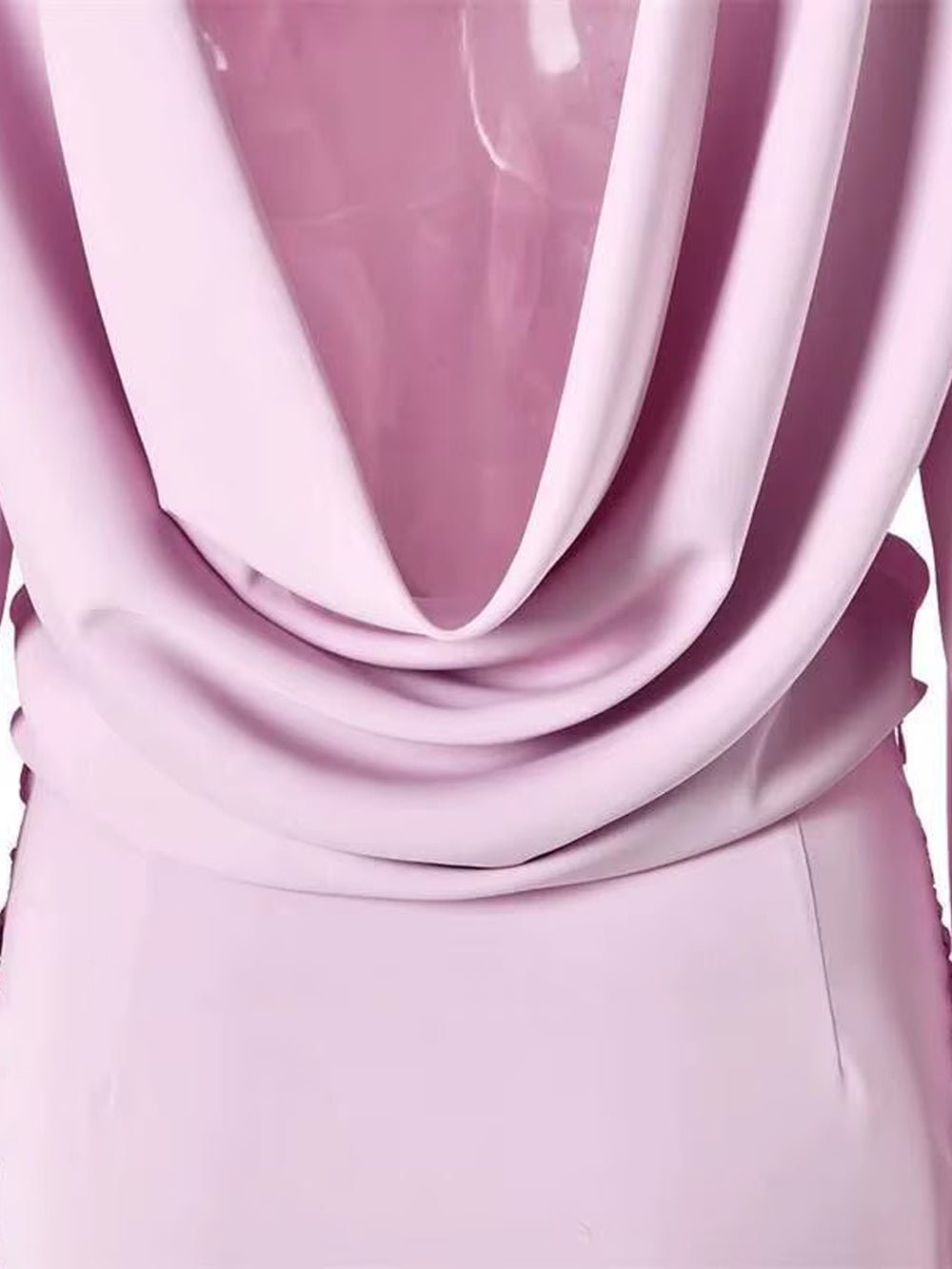 Pink Boat Neck Long Sleeve Flared Slit Cuff Knot Front Draped Sash Open Back Bodycon Mini Dress