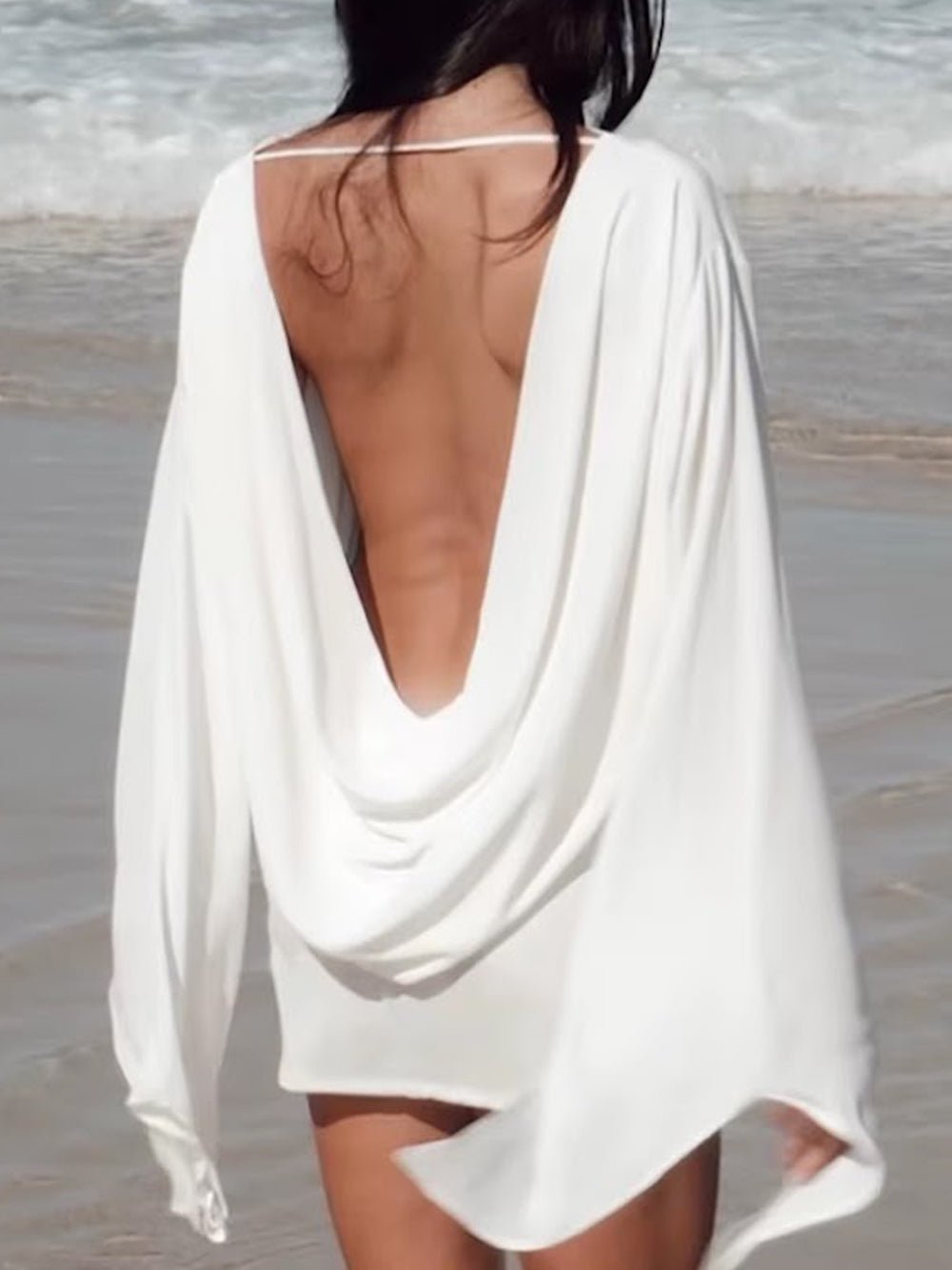 White Chiffon Deep V-Neck Cowl Neck Long Sleeve Bell Cuff Open Back Ruched Draped Asymmetric Sash Bodycon Mini Dress