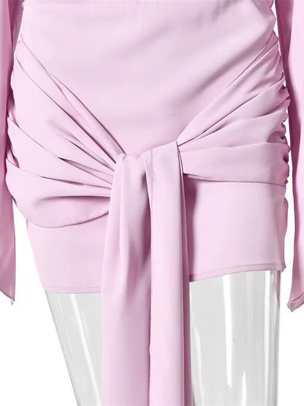 Pink Boat Neck Long Sleeve Flared Slit Cuff Knot Front Draped Sash Open Back Bodycon Mini Dress