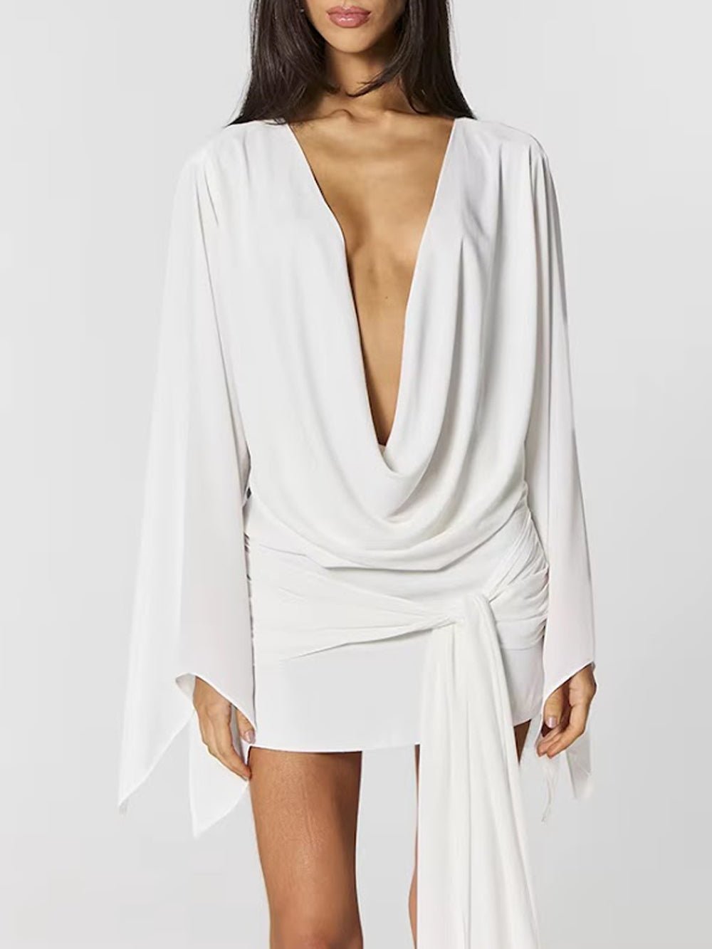 White Chiffon Deep V-Neck Cowl Neck Long Sleeve Bell Cuff Open Back Ruched Draped Asymmetric Sash Bodycon Mini Dress