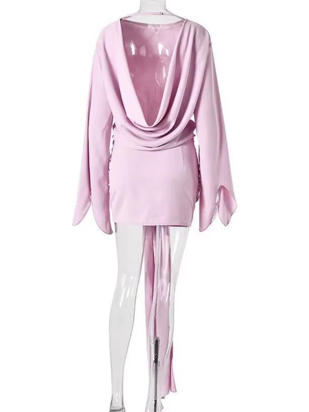 Pink Boat Neck Long Sleeve Flared Slit Cuff Knot Front Draped Sash Open Back Bodycon Mini Dress