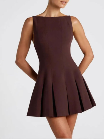 Boat Neck Princess Seam Box Pleat Fit and Flare Mini Dress