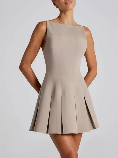 Boat Neck Princess Seam Box Pleat Fit and Flare Mini Dress
