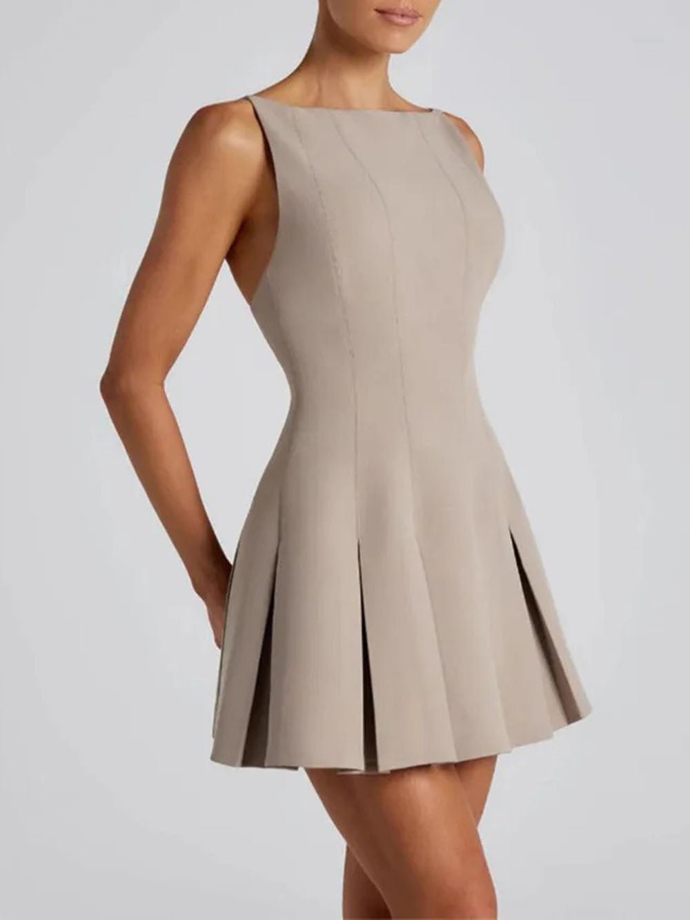 Boat Neck Princess Seam Box Pleat Fit and Flare Mini Dress