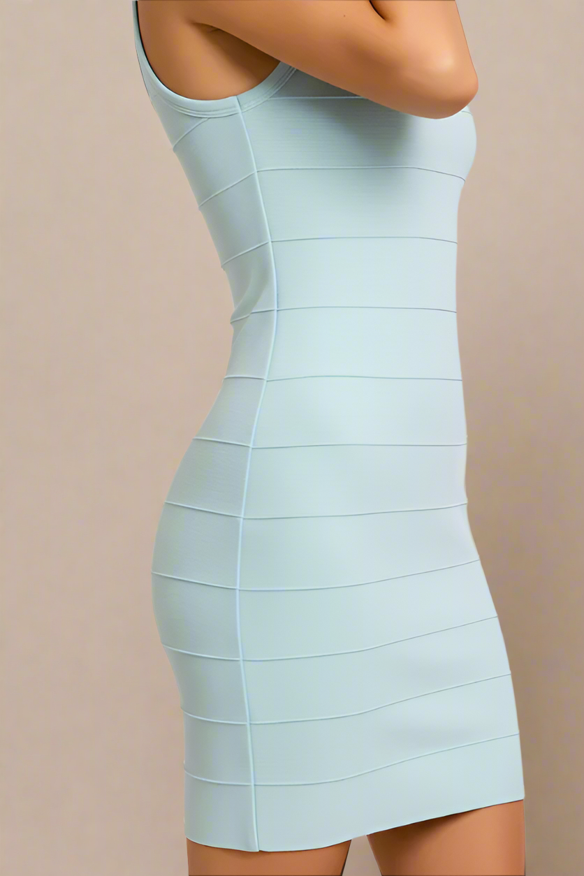 Baby Blue Scoop Neck Wide Strap Panel Bandage Bodycon Mini Dress