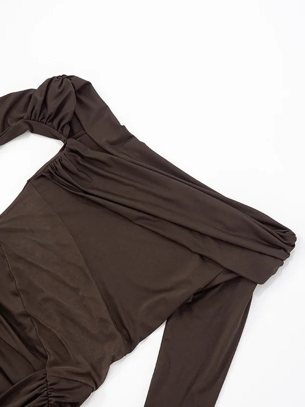 Brown Off Shoulder Long Sleeve Mesh Cut Out Ruched Draped Train Mini Dress