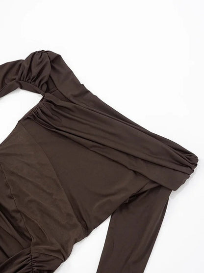 Brown Off Shoulder Long Sleeve Mesh Cut Out Ruched Draped Train Mini Dress
