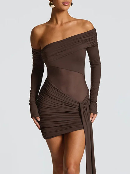 Brown Off Shoulder Long Sleeve Mesh Cut Out Ruched Draped Train Mini Dress