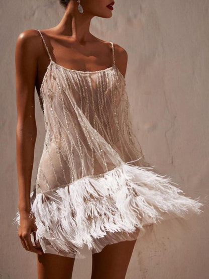 White Mesh Spaghetti Strap Sequin Stripe Feather Hem Mini Party Dress